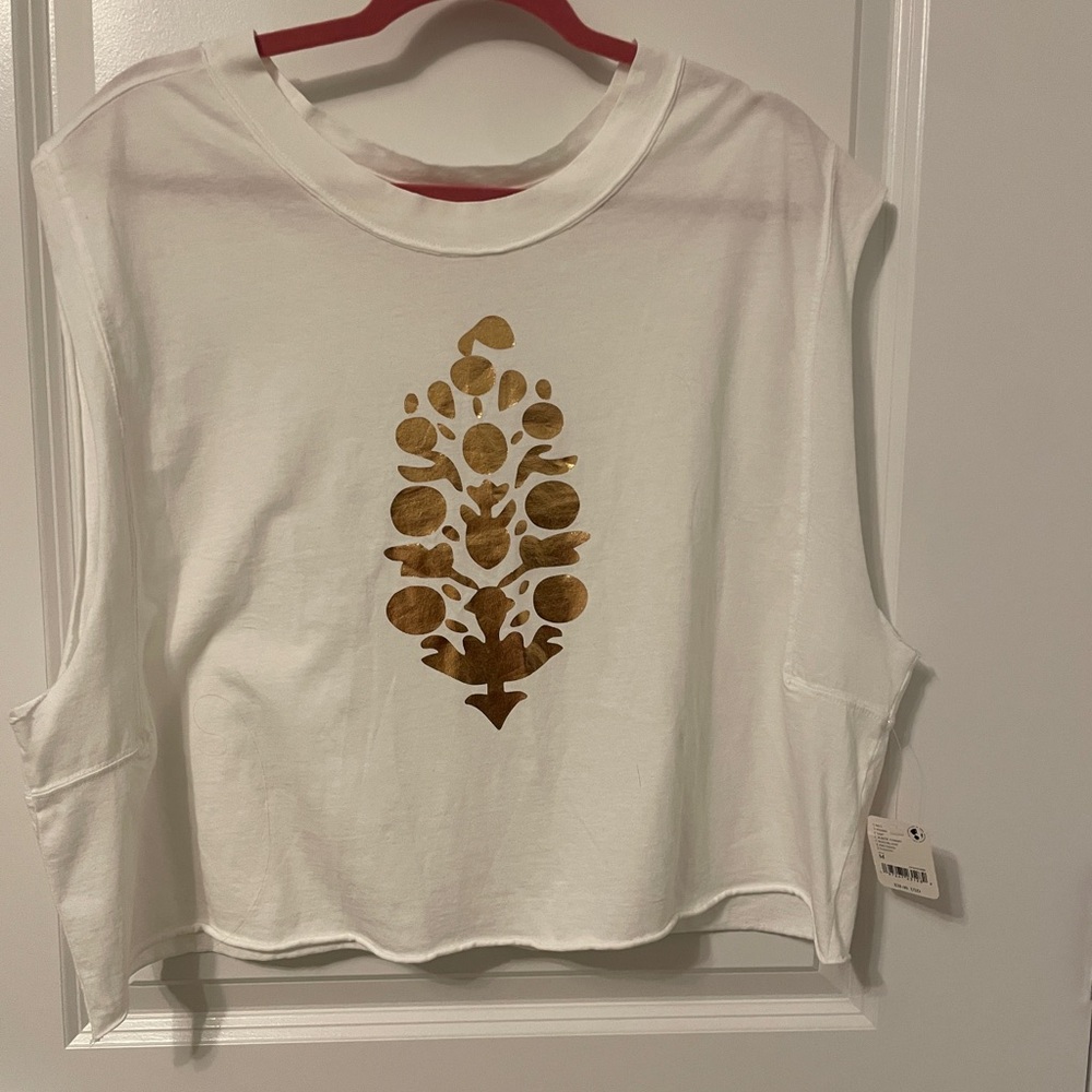 Free People Free Movement White Sleeveless Active Top with Gold Leaf Design